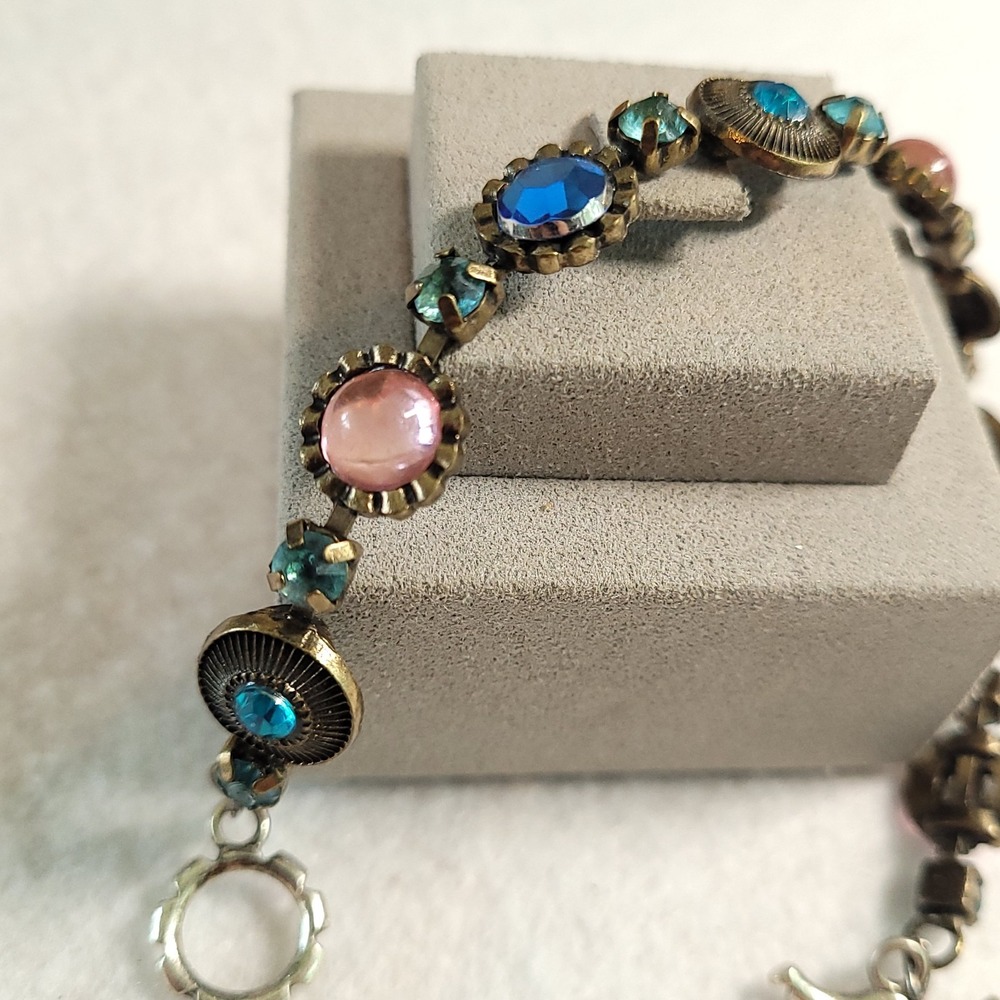 Vintage Czech-Style Art Glass Bracelet Pink Blue Cabochon Brass Toggle Art Deco